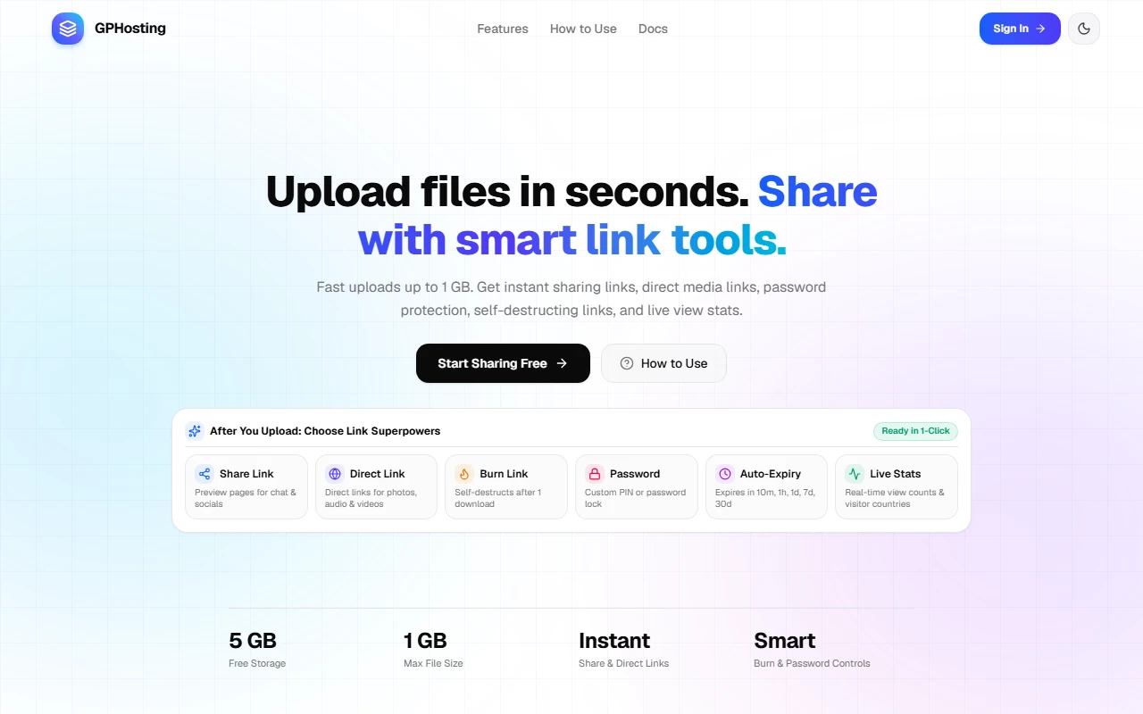 GPHost — Smart Ephemeral File Transit & Direct Cloud Sharing preview screenshot 1