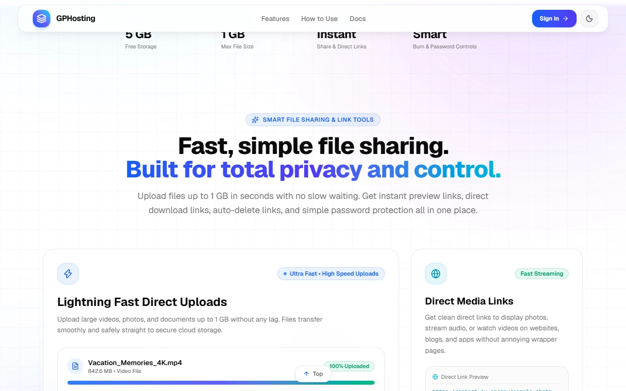 GPHost — Smart Ephemeral File Transit & Direct Cloud Sharing preview screenshot 2